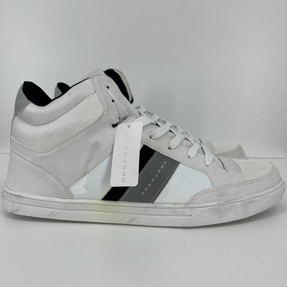 Sean John Mens White High Top Sneakers Size 13 Grey Black Stripe Streetwear